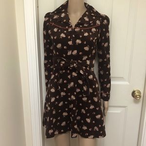 VTG 1970’s Jody T Brown Floral Corduroy Hippie Prairie Western Mini Dress Sz S
